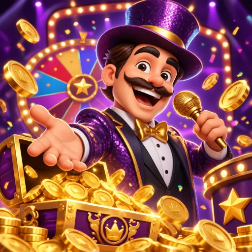 Apresentador em estúdio de game show com painéis e telas digitais