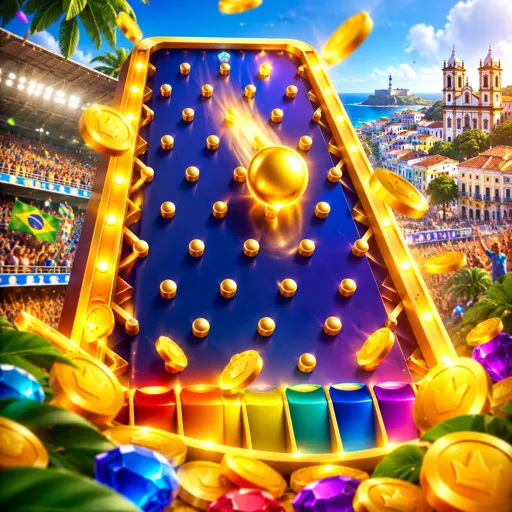 Tabuleiro de Plinko com bola caindo e multiplicadores na base